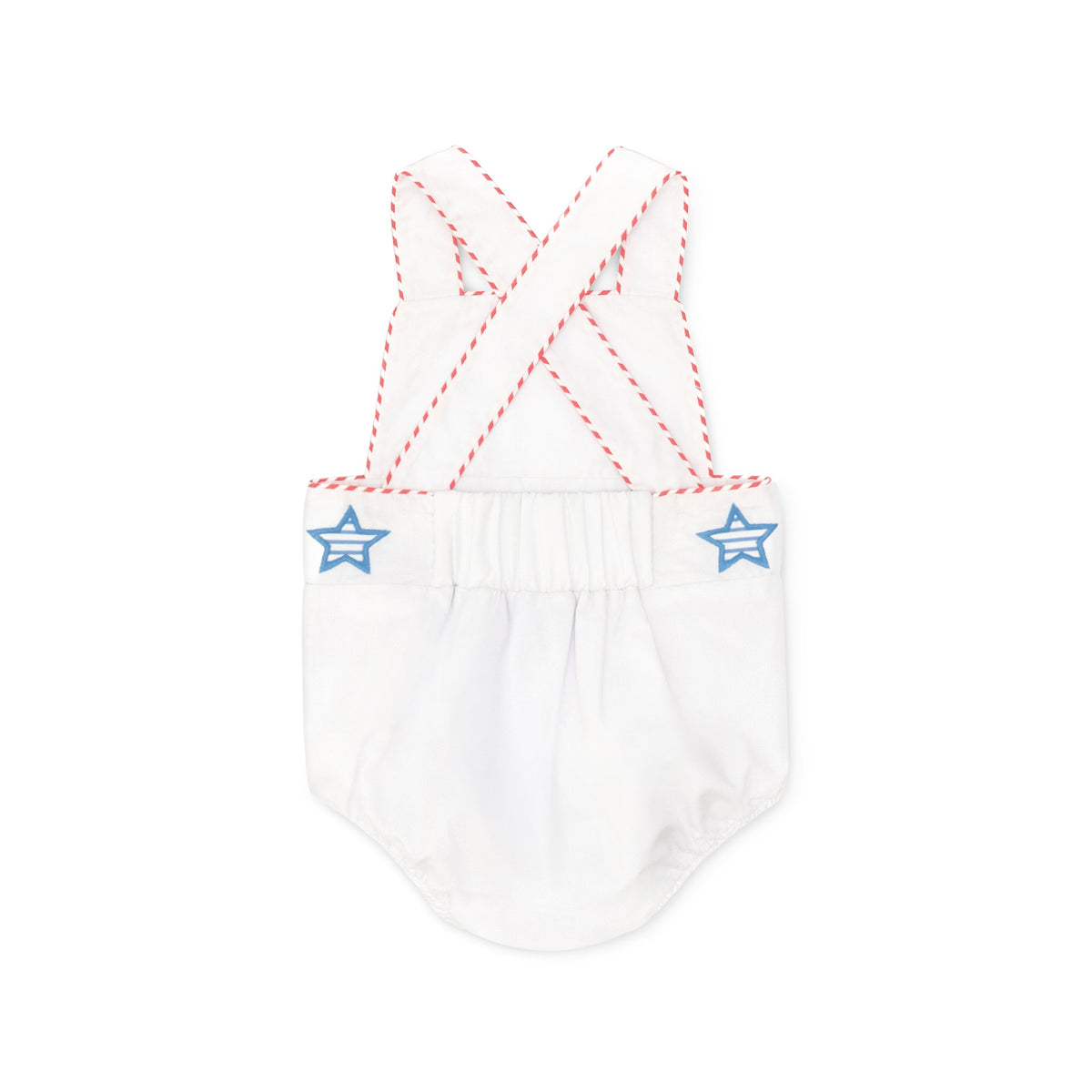 Henry Duvall unisex baby sunsuit in white with red and blue star appliqué and criss cross straps, classic patriotic outfit for Memorial Day, 4th of July, and summer occasions