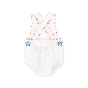 Henry Duvall unisex baby sunsuit in white with red and blue star appliqué and criss cross straps, classic patriotic outfit for Memorial Day, 4th of July, and summer occasions