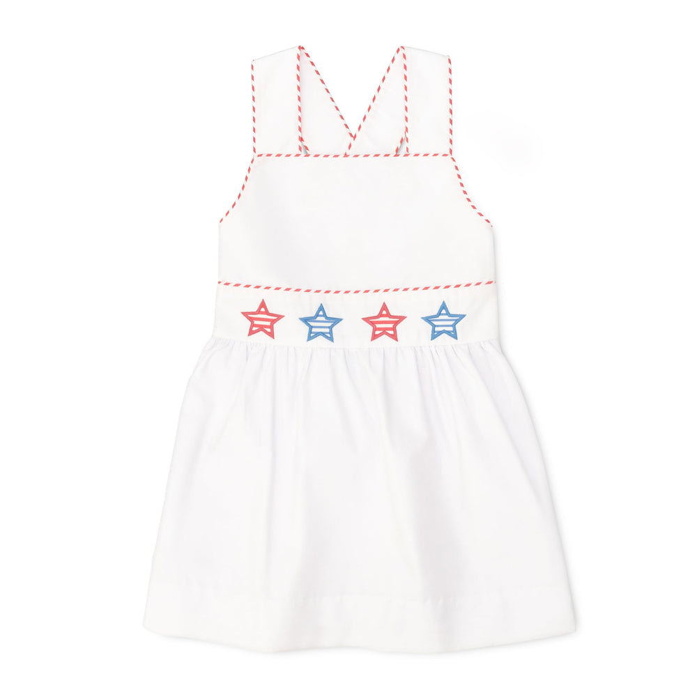 Henry Duvall Campbell girls white dress with red and blue star appliqué and ric rac trim, classic patriotic dress for Memorial Day, 4th of July, and summer occasions