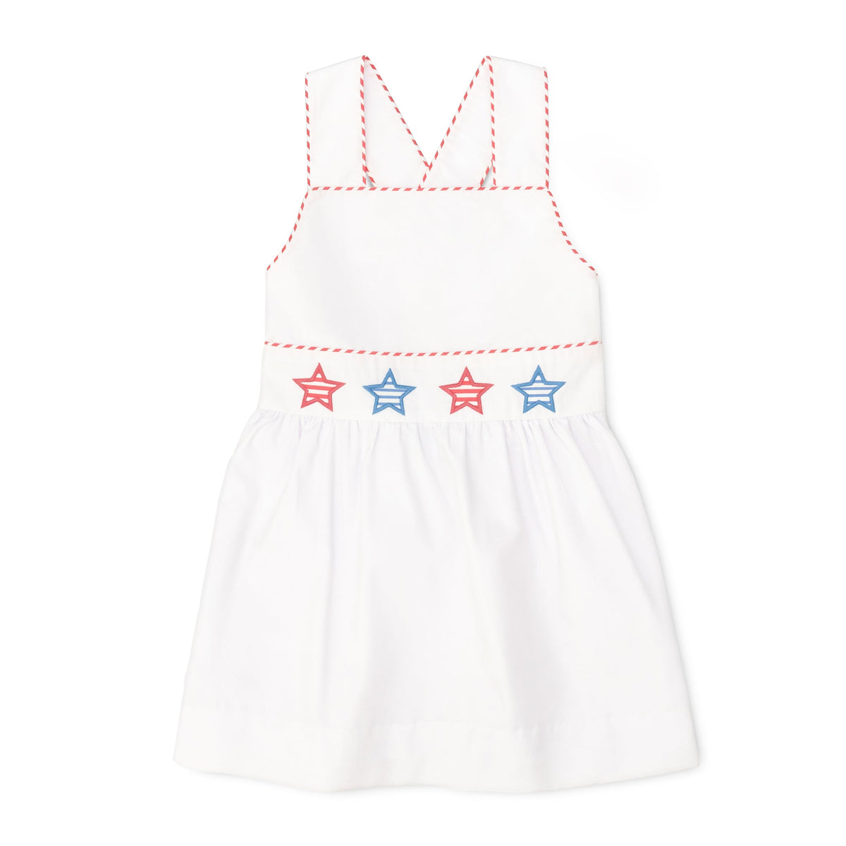 Henry Duvall Campbell girls white dress with red and blue star appliqué and ric rac trim, classic patriotic dress for Memorial Day, 4th of July, and summer occasions
