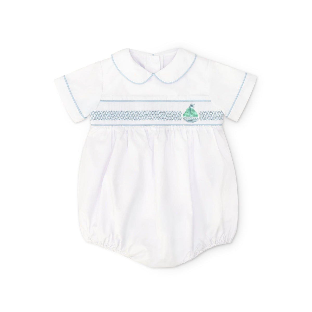 Henry Duvall Charlie Bubble for boys in white cotton with Bailey’s Bay Blue trim and smocked sailboat, classic summer baby boy outfit with Peter Pan collar