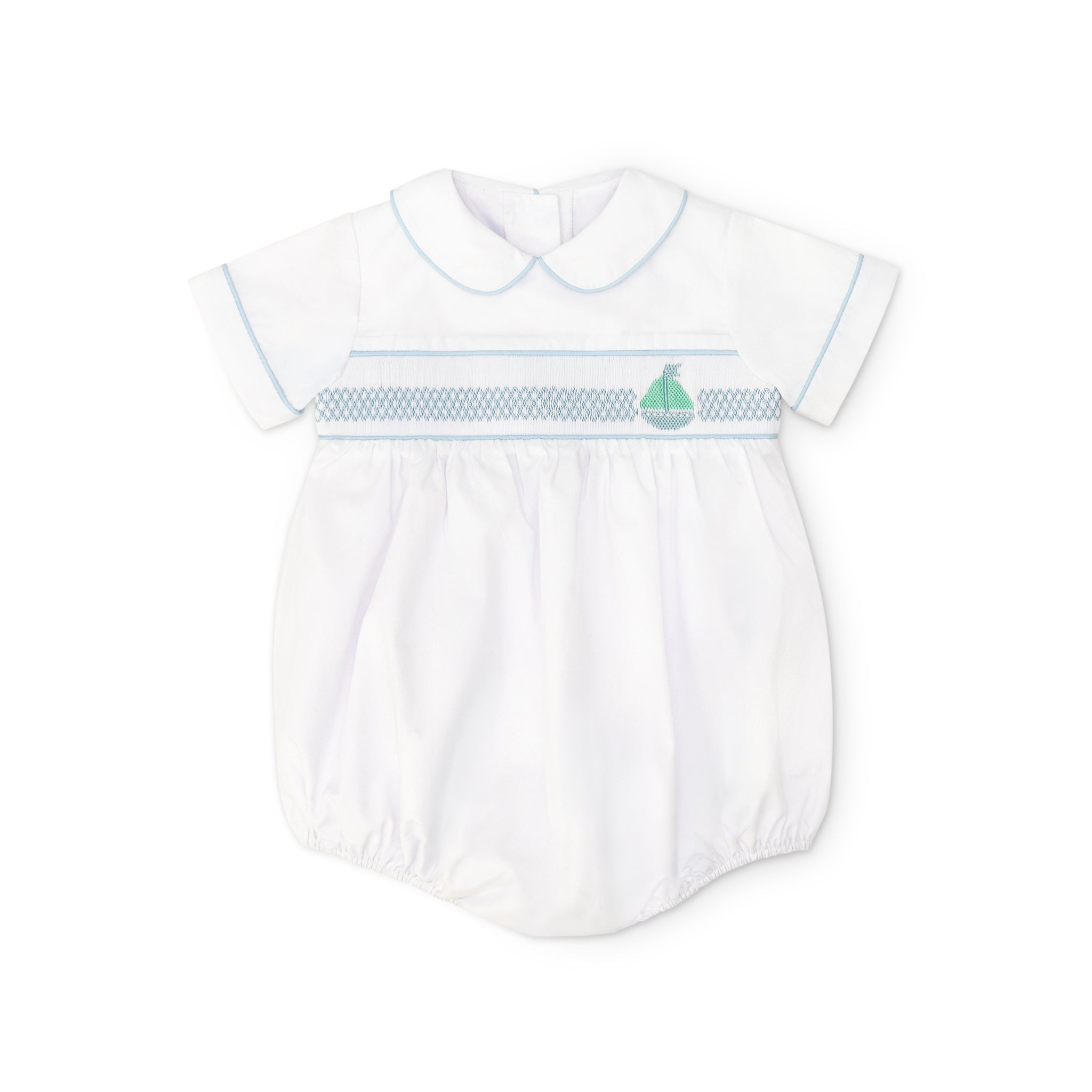 Henry Duvall Charlie Bubble for boys in white cotton with Bailey’s Bay Blue trim and smocked sailboat, classic summer baby boy outfit with Peter Pan collar