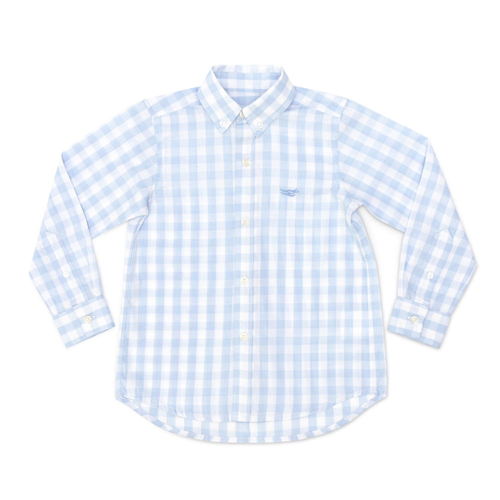 Flat lay of Bennett Button Down in Baileys Bay blue gingham showing button-down collar and chest embroidery on white background