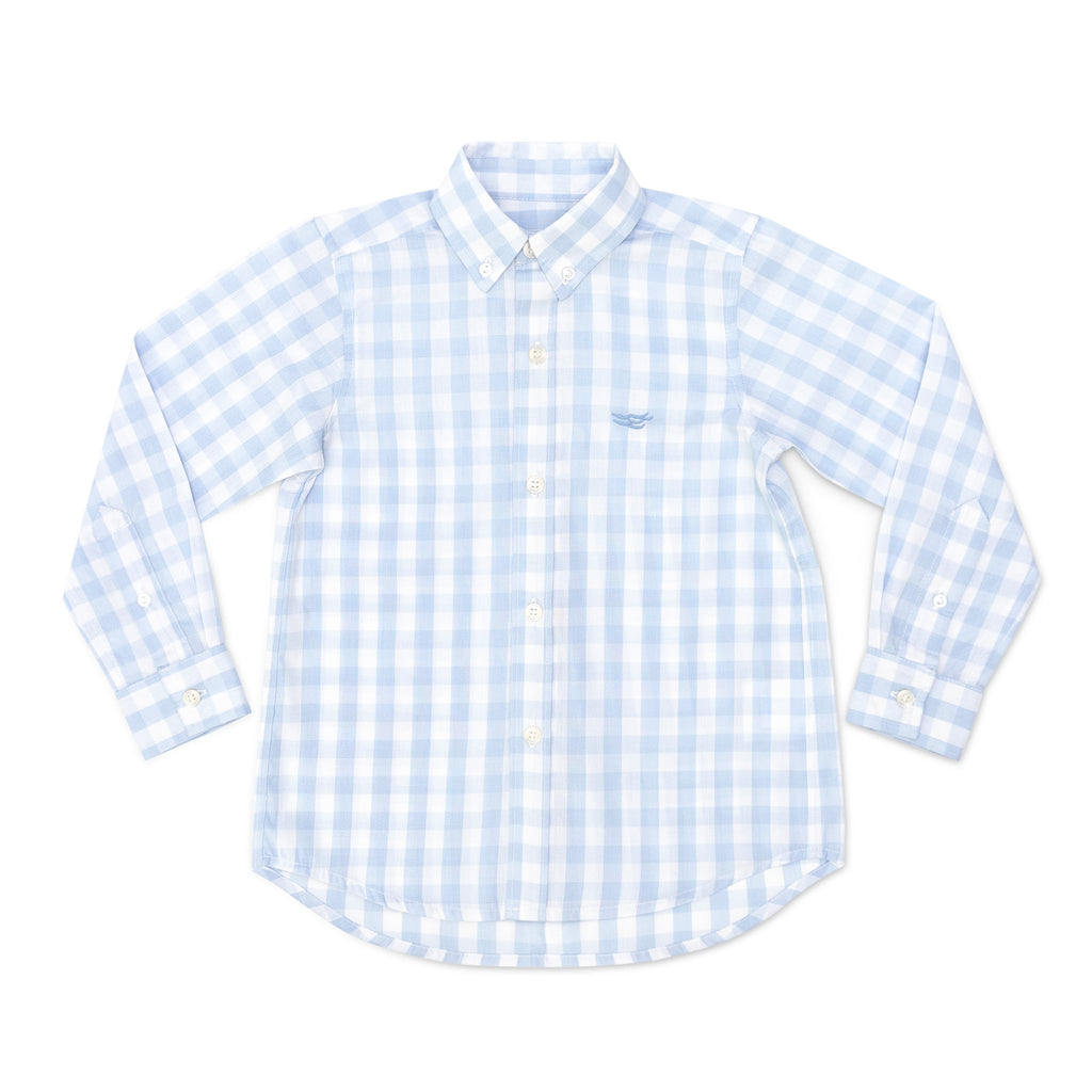 Henry Duvall blue gingham Bennett button down shirt in soft cotton, classic preppy boys spring wardrobe staple for Easter and sibling matching