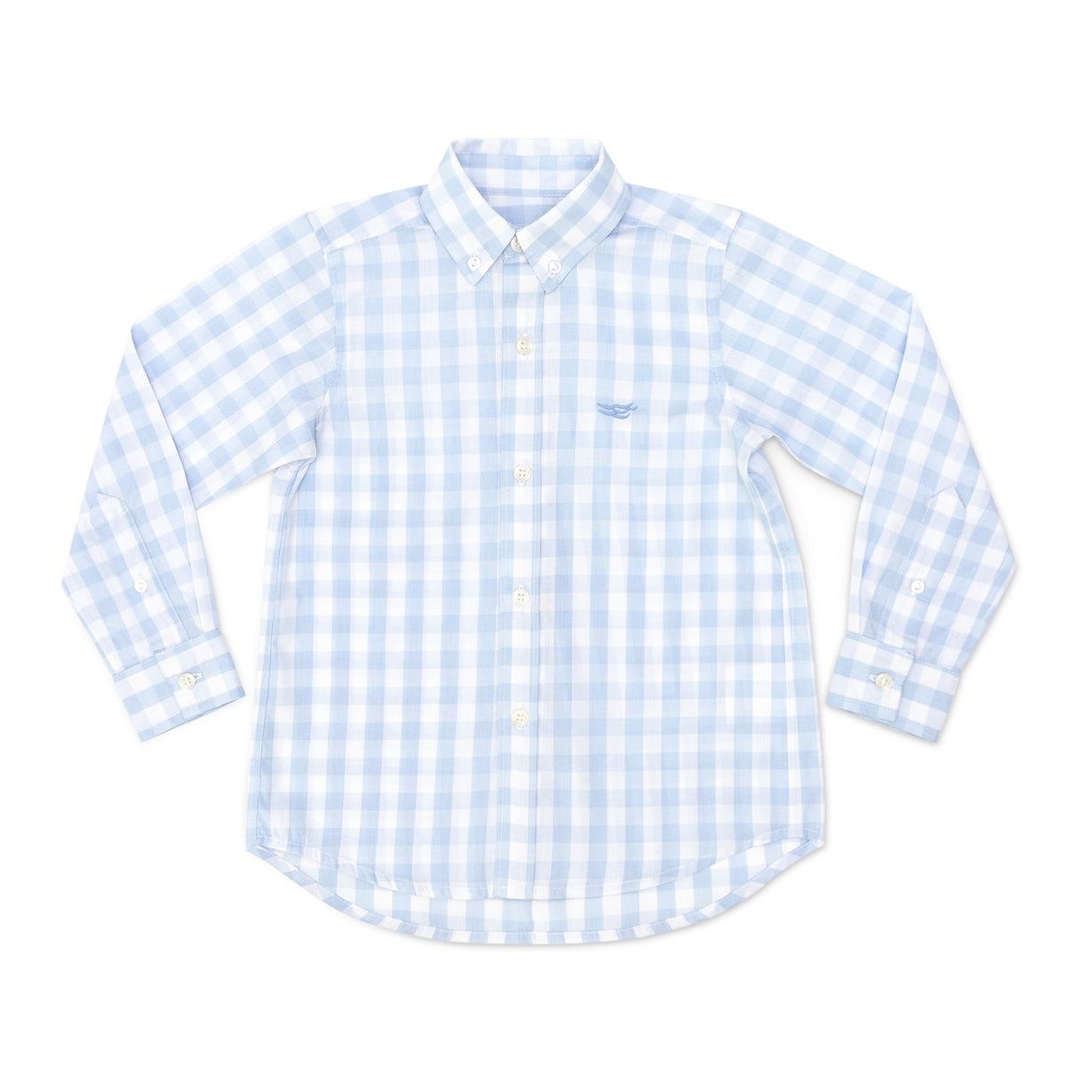 Flat lay of Bennett Button Down in Baileys Bay blue gingham showing button-down collar and chest embroidery on white background
