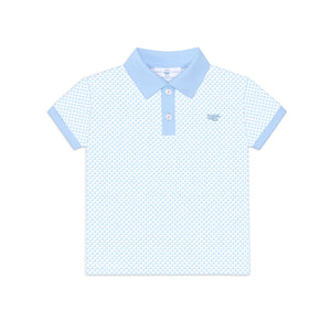 Light blue polo shirt with a subtle pattern on a white background