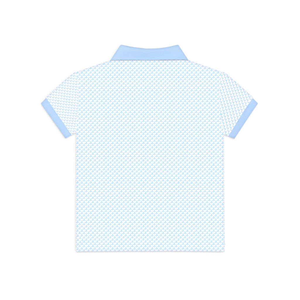 Back view of a light blue patterned shirt on a white background