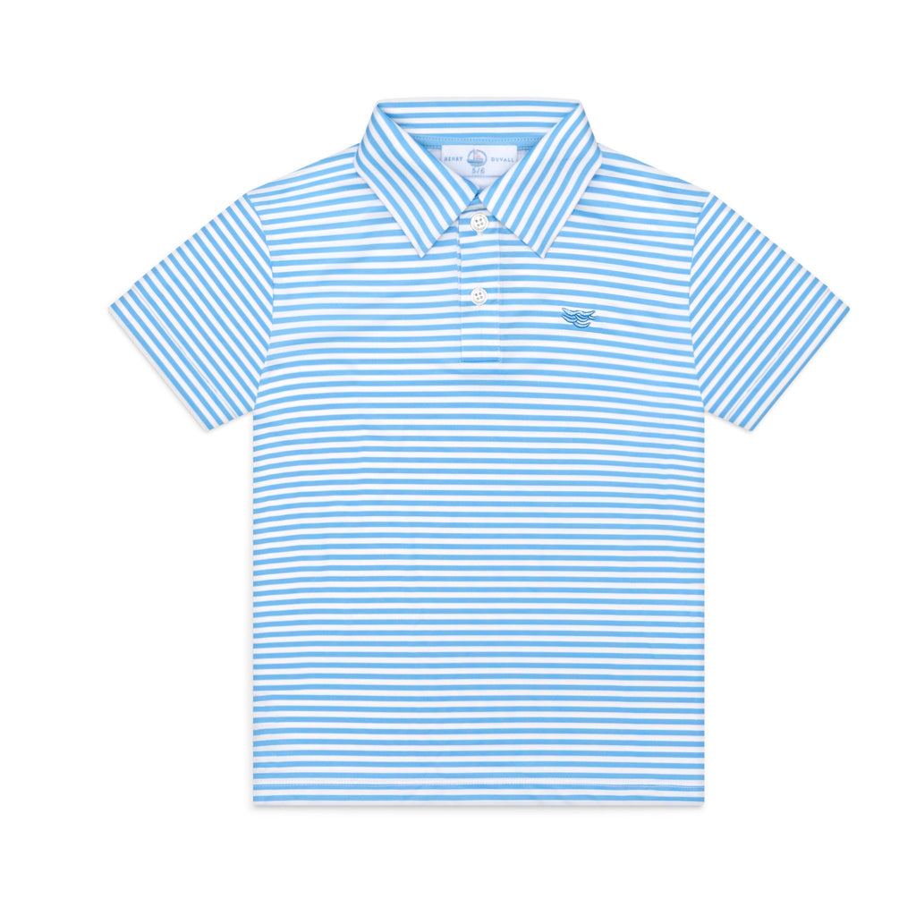 Blue and white striped polo shirt on a white background