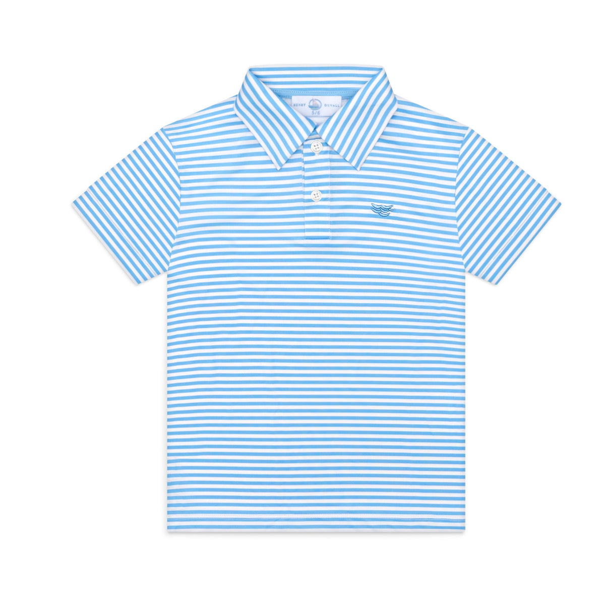 Blue and white striped polo shirt on a white background