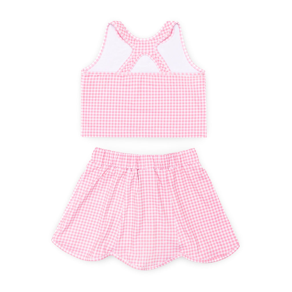 Henry Duvall girls pink gingham athleisure set with scalloped skort and matching sleeveless top, classic preppy active outfit for summer and tennis.