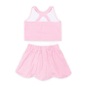 Henry Duvall girls pink gingham athleisure set with scalloped skort and matching sleeveless top, classic preppy active outfit for summer and tennis.