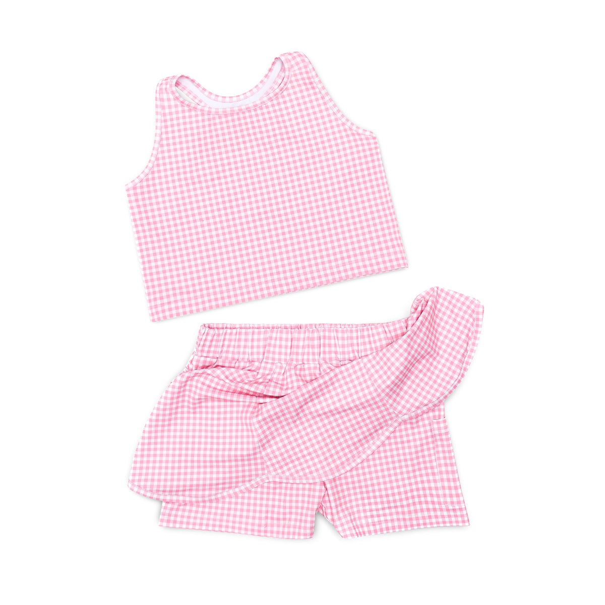 Henry Duvall girls pink gingham athleisure set with scalloped skort and matching sleeveless top, classic preppy active outfit for summer and tennis.