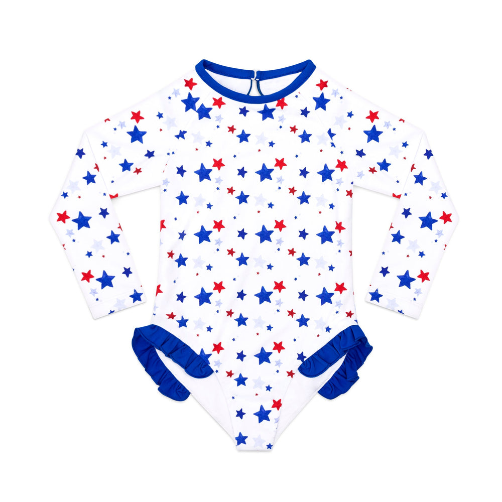 Henry Duvall Reese girls rashguard one piece in red white and blue star print, UPF 50+ long sleeve swimsuit for 4th of July, beach, and summer holidays