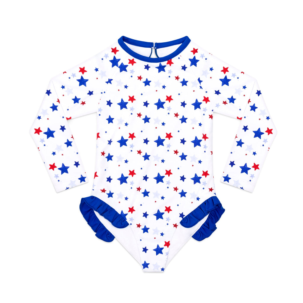 Henry Duvall Reese girls rashguard one piece in red white and blue star print, UPF 50+ long sleeve swimsuit for 4th of July, beach, and summer holidays