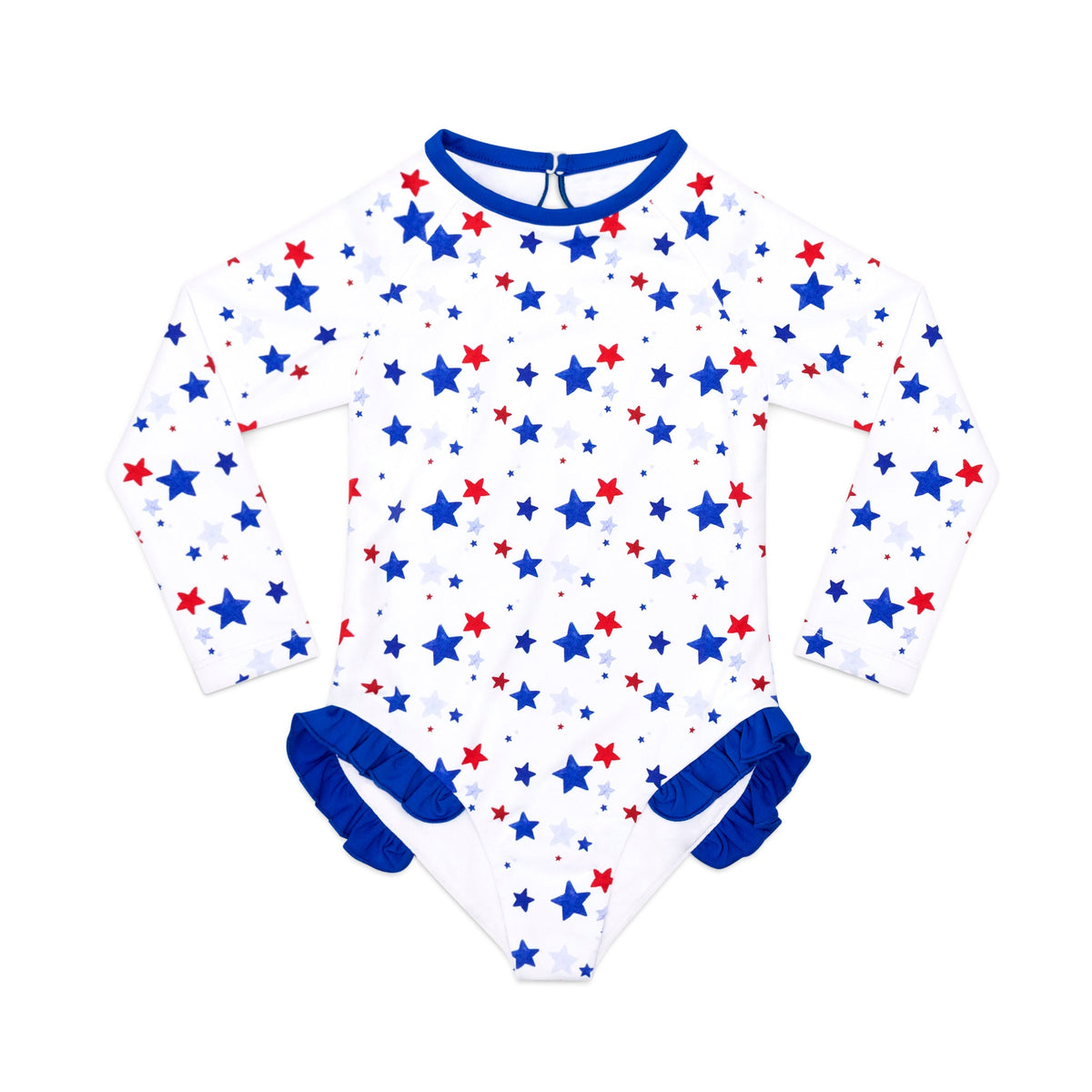 Henry Duvall Reese girls rashguard one piece in red white and blue star print, UPF 50+ long sleeve swimsuit for 4th of July, beach, and summer holidays