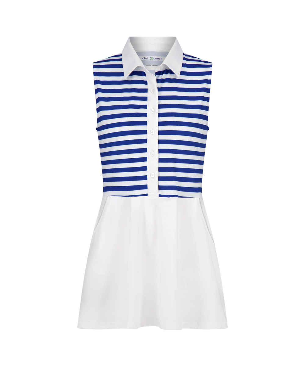 Front view of Heidi Golf Dress, sleeveless collared dress with blue-and-white striped bodice, white skirt, and button-front placket