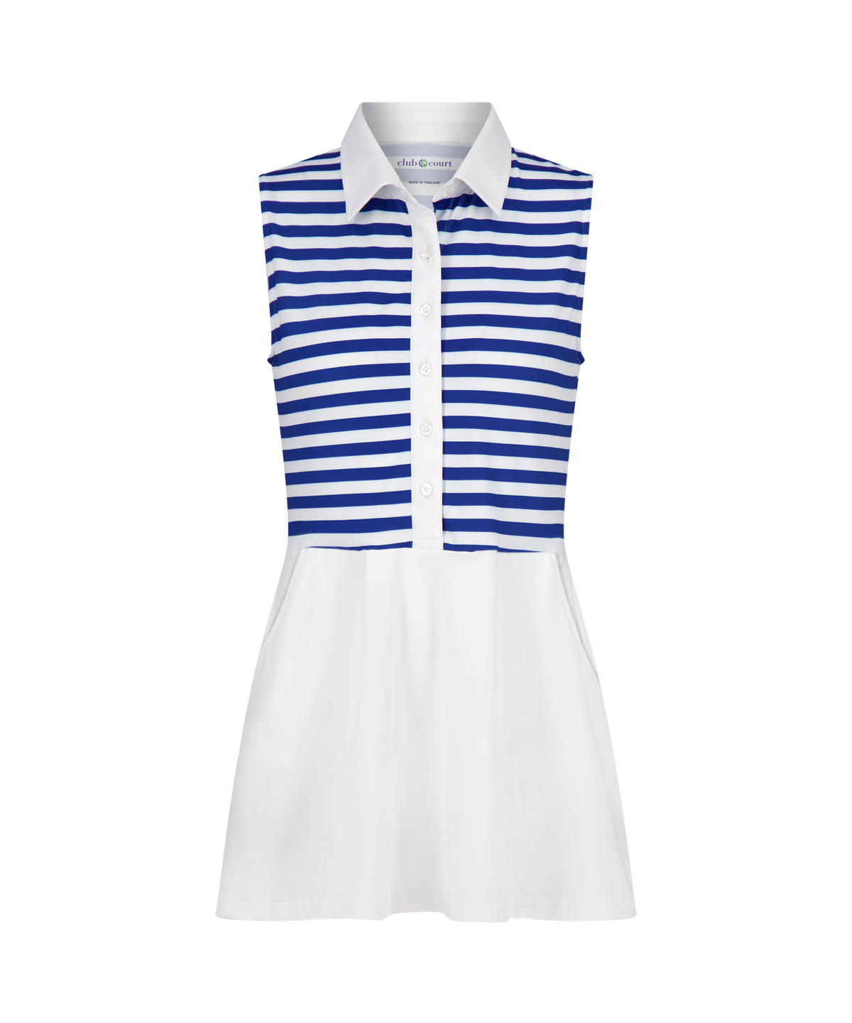 Front view of Heidi Golf Dress, sleeveless collared dress with blue-and-white striped bodice, white skirt, and button-front placket