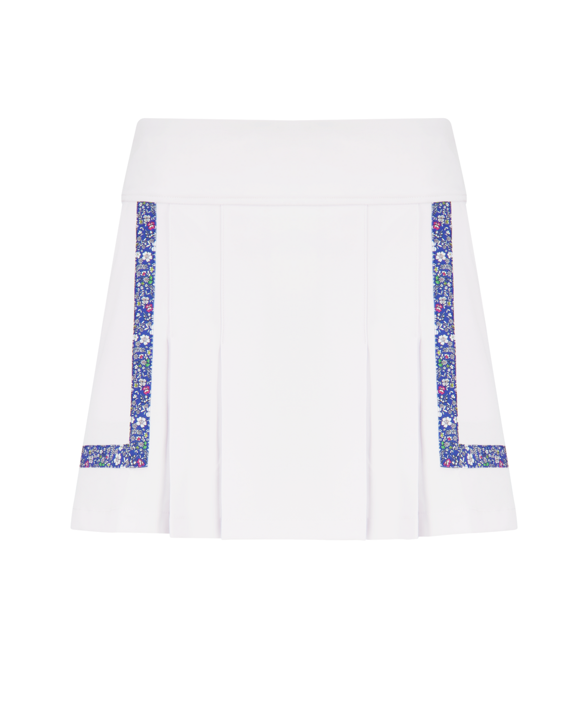 Front view of Heidi Golf Skort showcasing white fabric, blue floral side-and-hem trim and front pleats