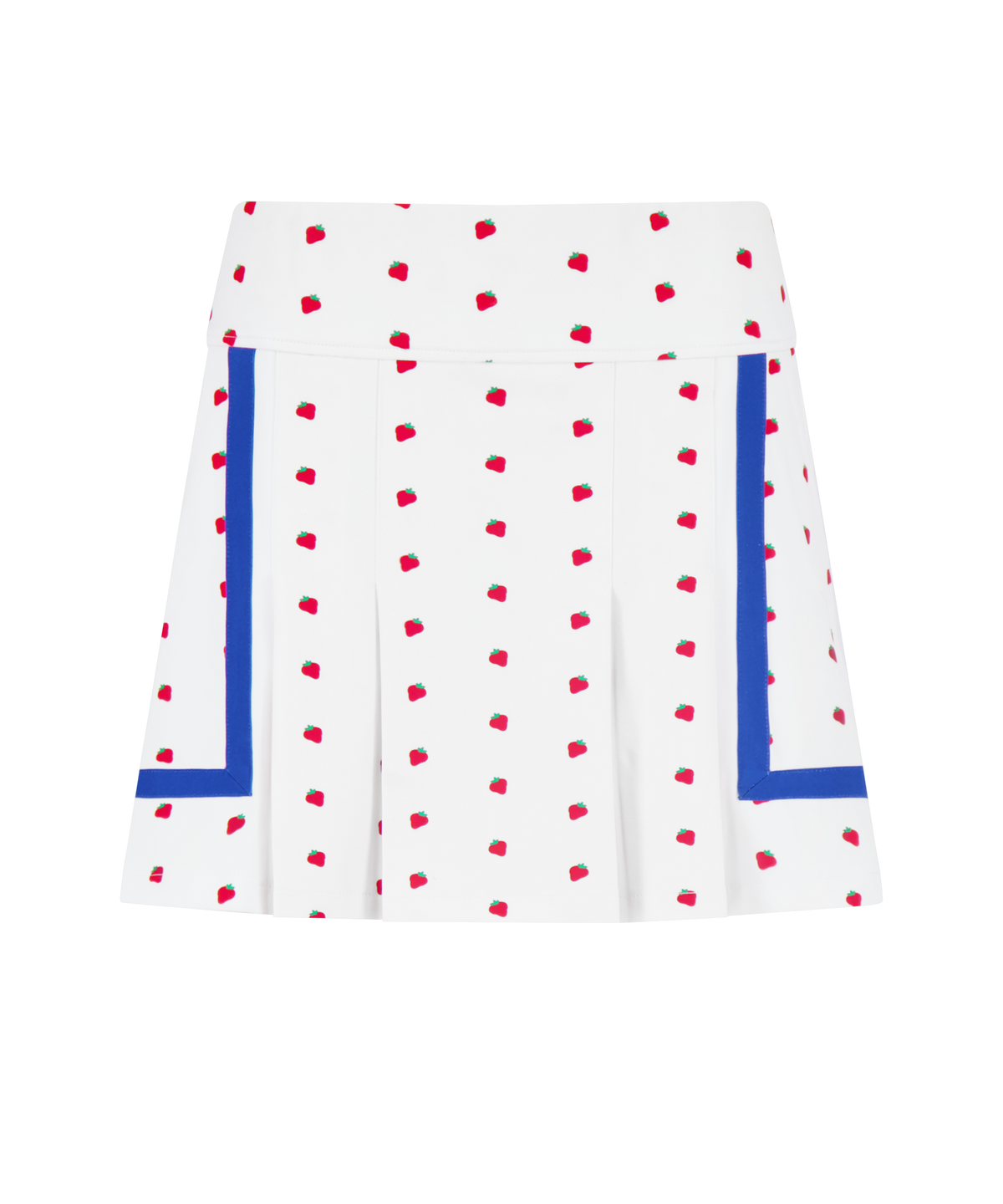 Front view of Heidi Golf Skort showcasing small red strawberry print, blue contrast side trim and box pleats on white background