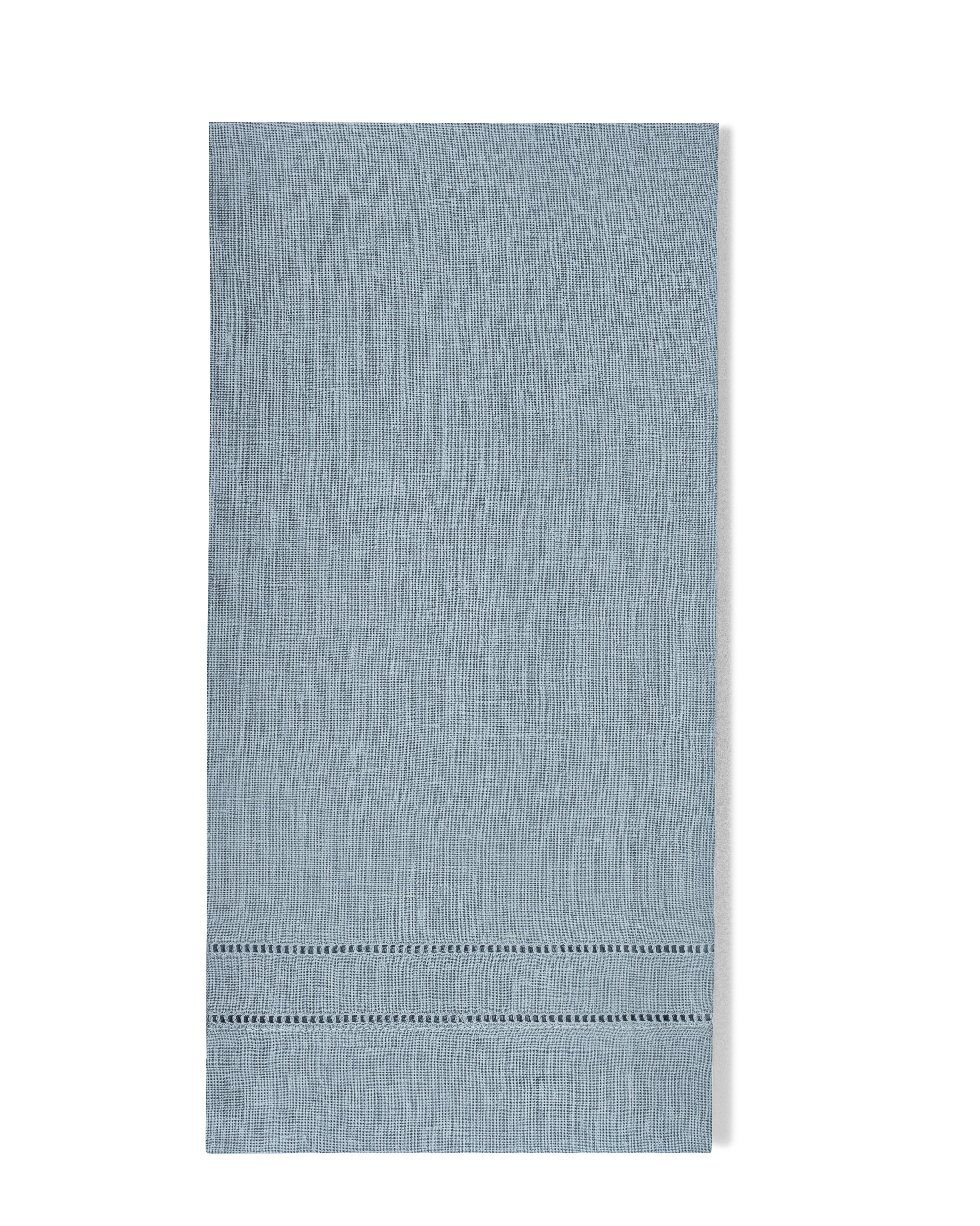 A sky blue linen hand towel with a hemstitch border