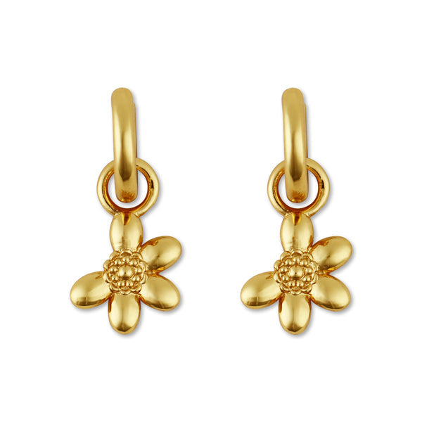 Front view of Loves Me Flower Huggies showcasing 18K gold plated hoops with flower charms on white background