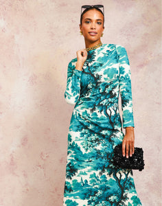Gabriella Midi Dress in Ceramic Toile front – printed jersey body-skimming midi dress with crew neckline and ruched waist by Mestiza New York.