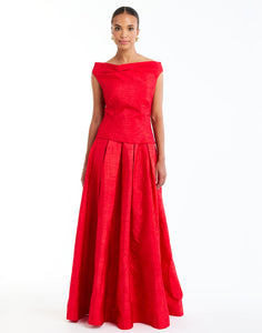 Taza Draped Top in Rose Red full body front – cocktail top with convertible draped cowl neckline, fitted bodice, and full lining by Mestiza New York.