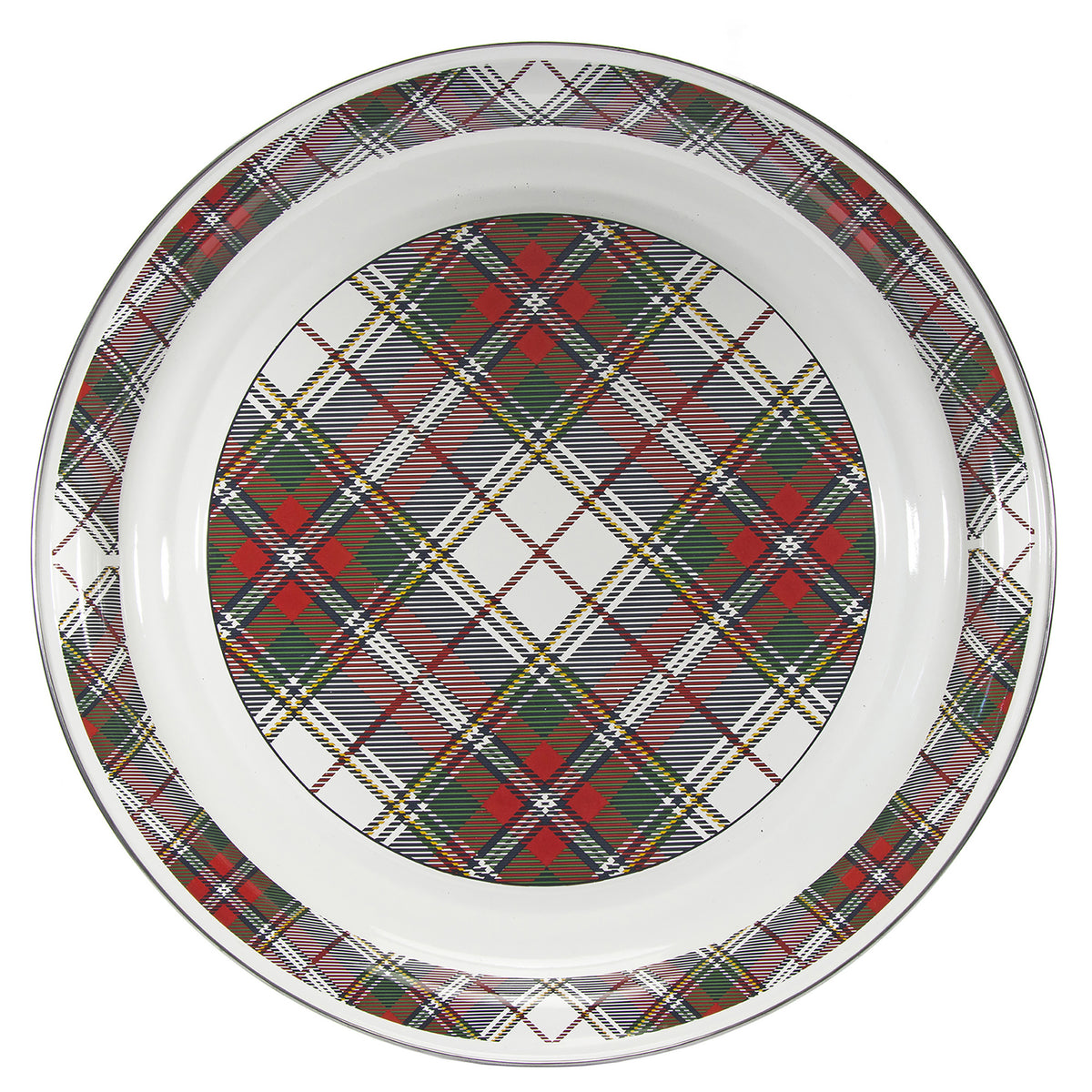 Top view of Large Tray in Highland Plaid showcasing multicolor plaid enamel pattern with white background