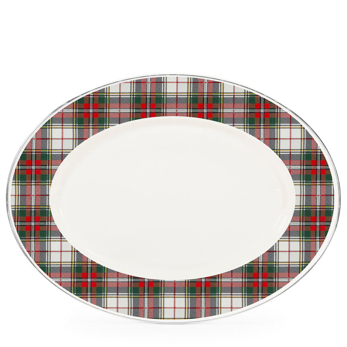 Front view of Oval Platter in Highland Plaid showcasing a white center, multicolor plaid border, and stainless steel trim