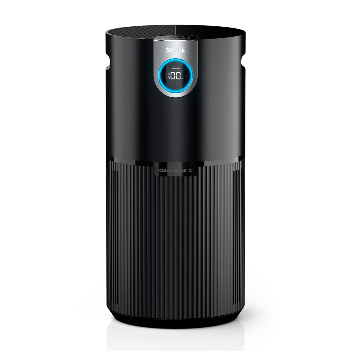 Front view of black Air Purifier MAX with NanoSeal HEPA and Clean Sense IQ display reading 100 percent on white background