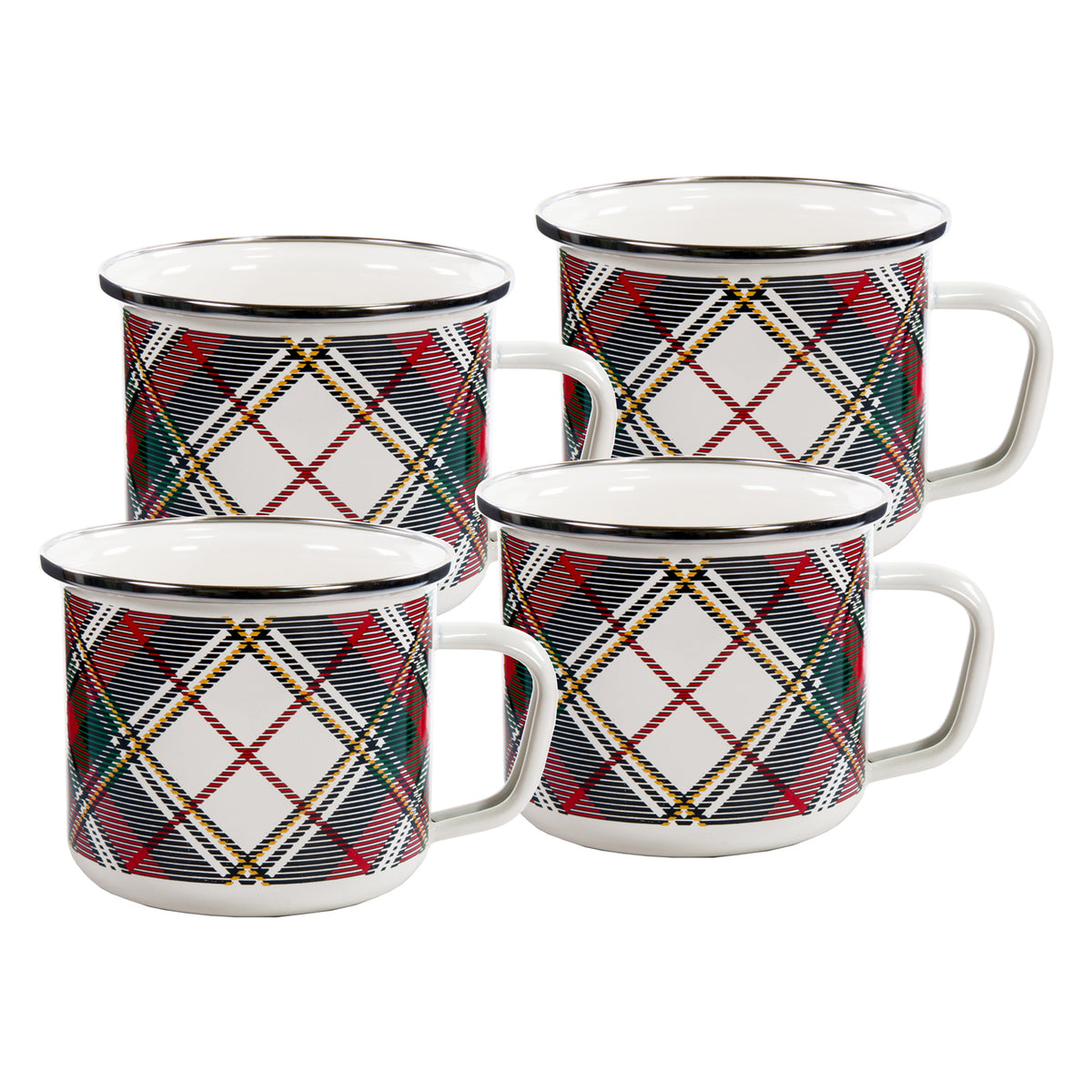 Front view of Grande Mugs in Highland Plaid, Set of 4 showcasing multicolor plaid pattern and stainless steel trim on white background