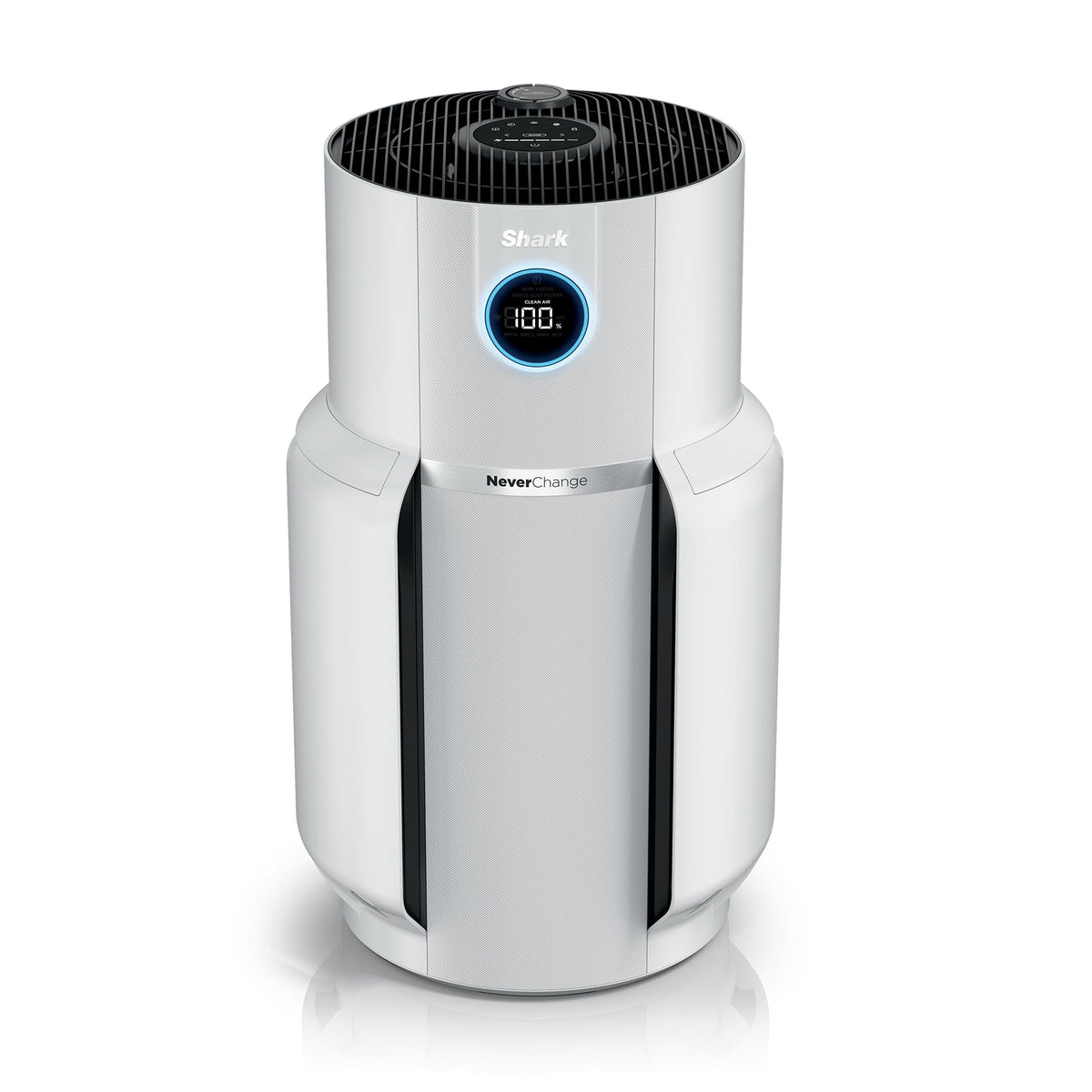 Front view of NeverChange Air Purifier MAX showcasing white cylindrical body and circular digital display with white background