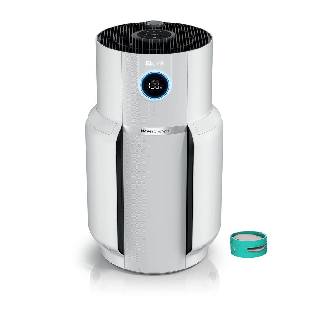 Front view of NeverChange Air Purifier MAX with cylindrical white body and top circular digital display on white background