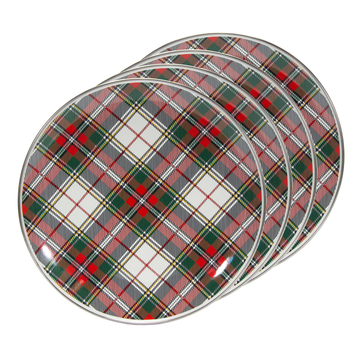 Close-up of Dinner Plates in Highland Plaid, Set of 4 showcasing colorful plaid pattern and stainless steel trim on white background