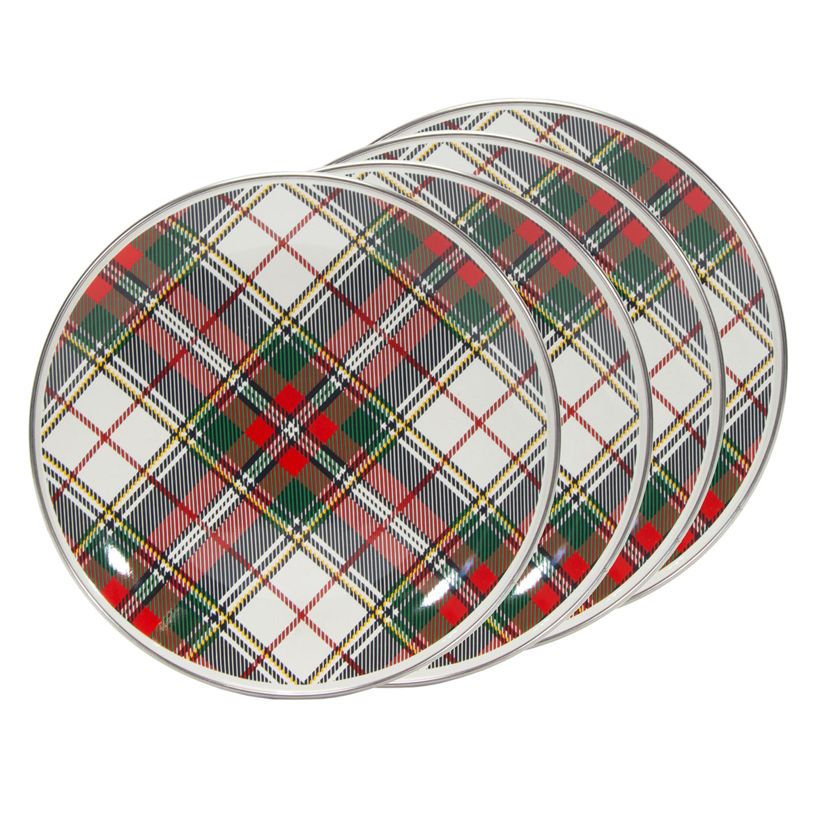 Front view of Sandwich Plates in Highland Plaid, Set of 4 showcasing plaid pattern and stainless steel trim