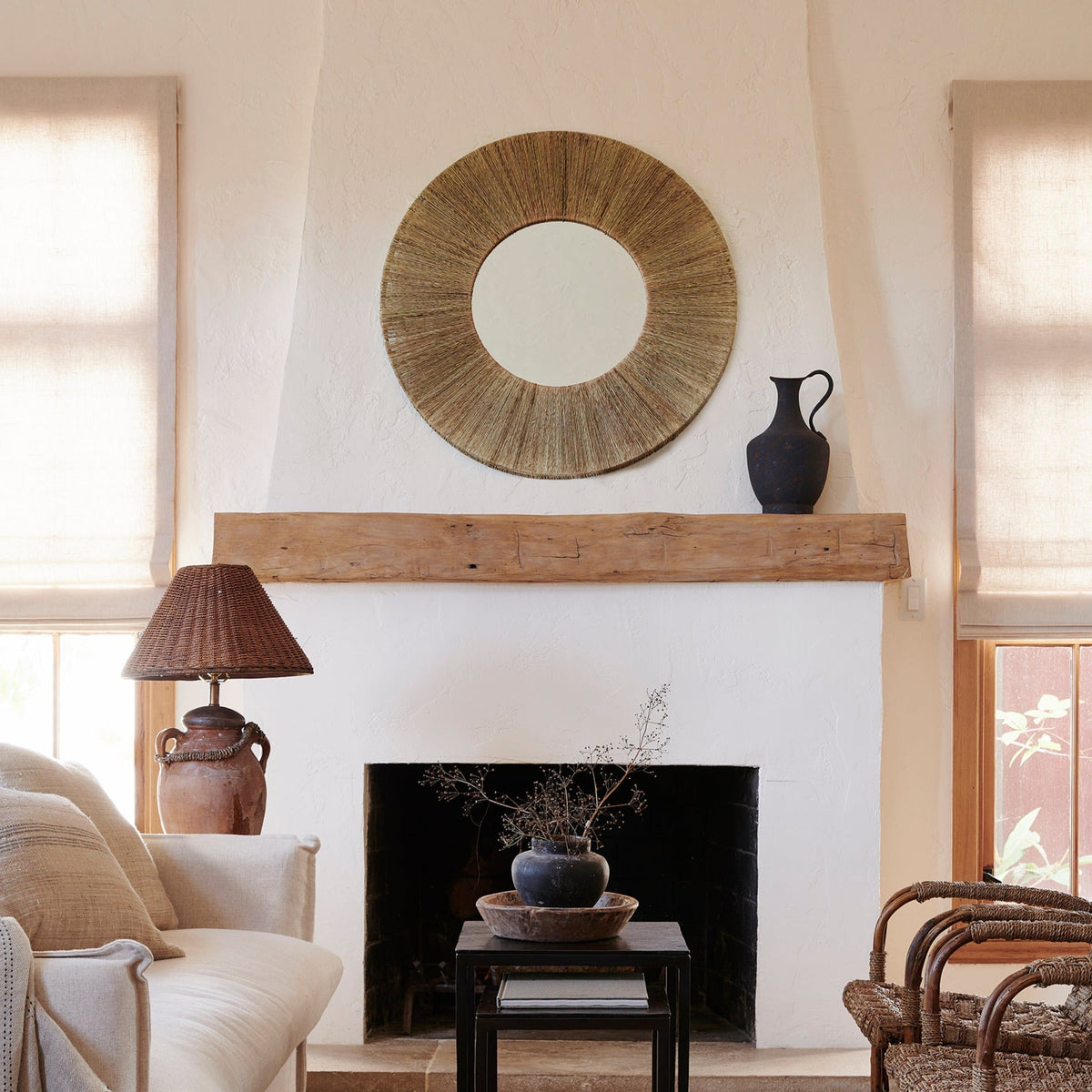 highball jute round mirror over mantle