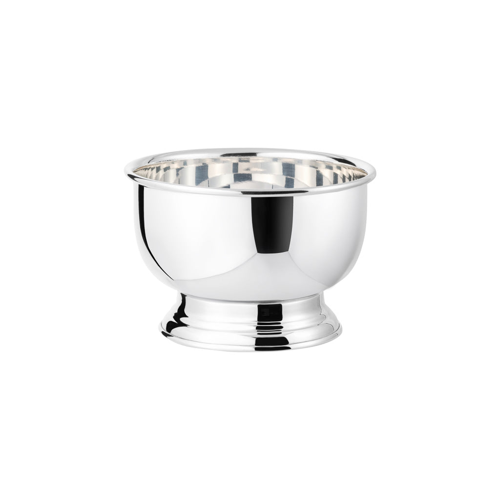 Front view of Hôtel Private Label Pedestal Bowl showcasing its silver-plated finish against a white background