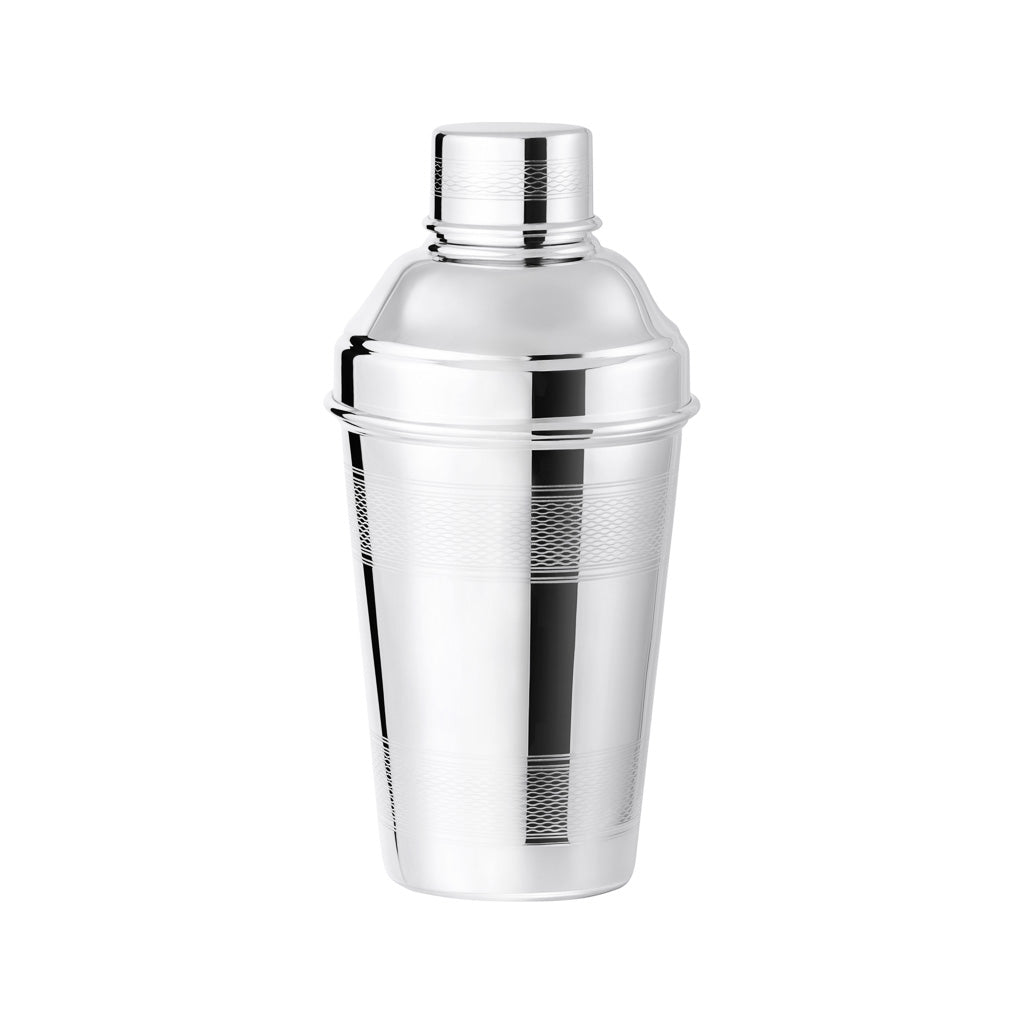 Front view of Hôtel Private Label Cocktail Shaker showcasing its double-banded silver-plated design on a white background