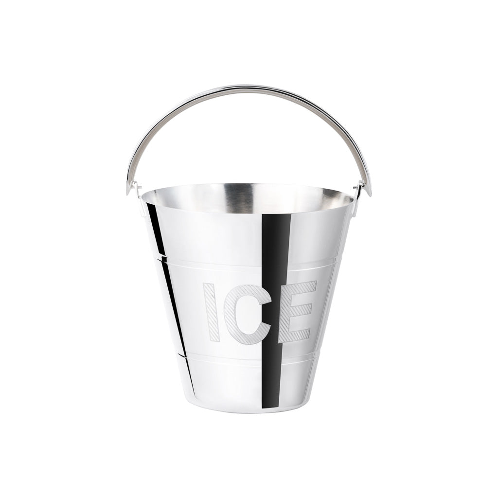 Front view of Hôtel Private Label Ice Pail showcasing etched ICE lettering and swing handle on a white background