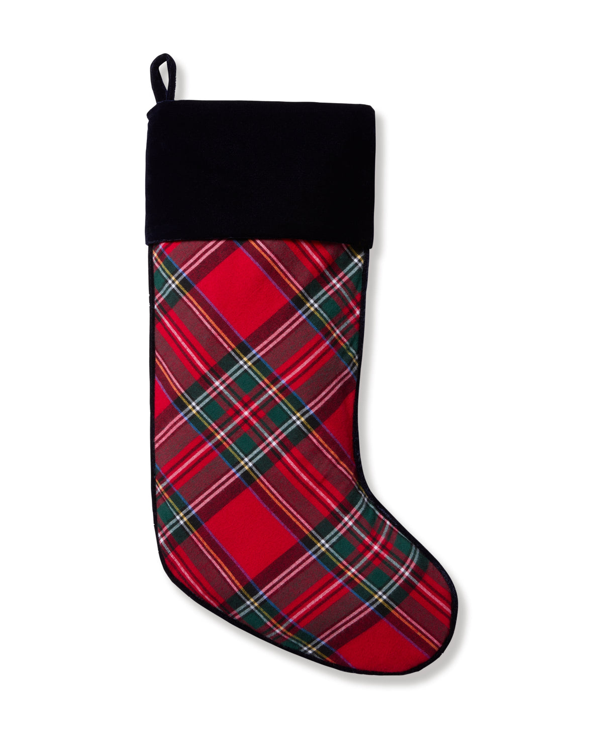 Front view of Christmas stocking showcasing Imperial tartan plaid body, black velour cuff and hanging loop on white background