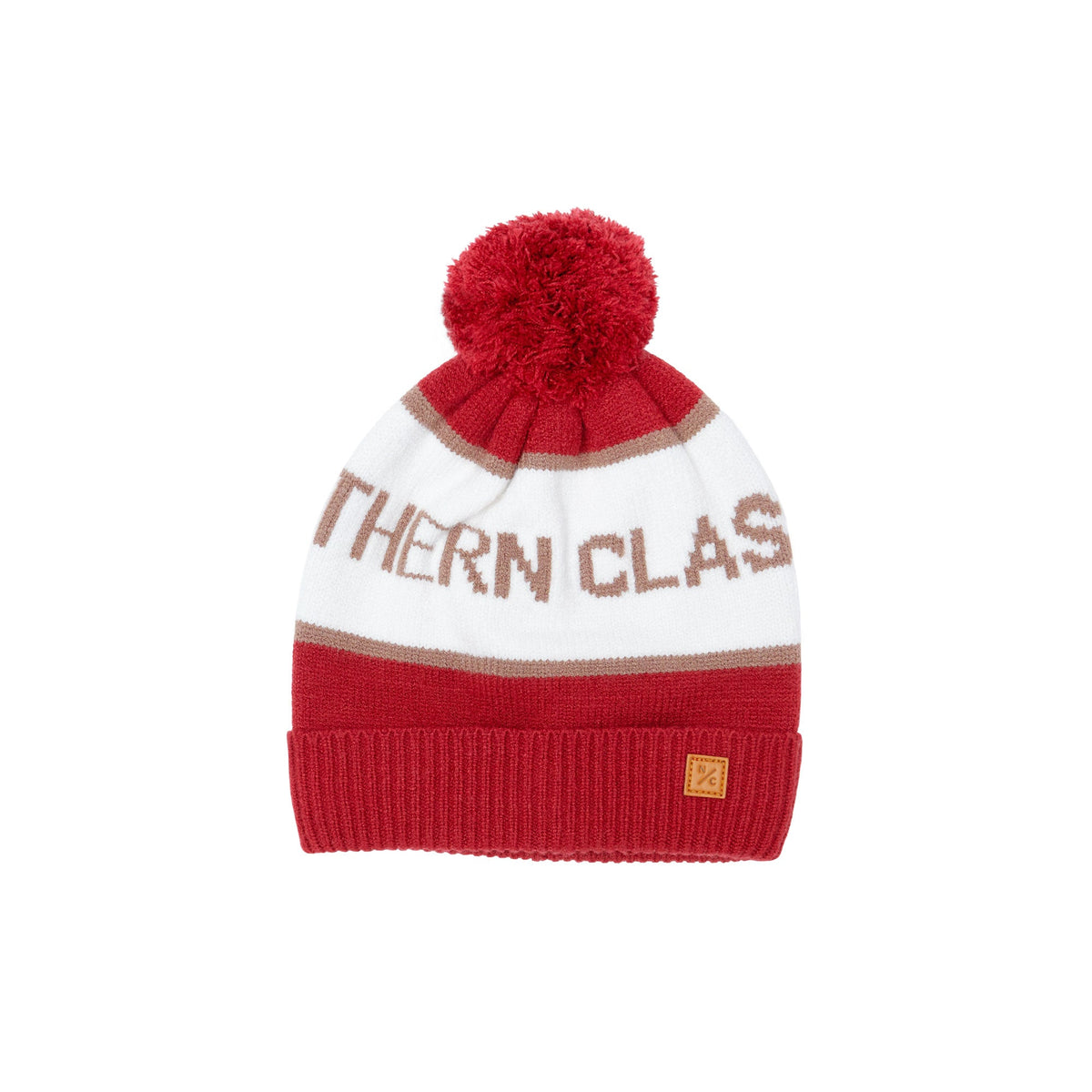 Front view of Northern Classics Knit Pom Hat in Heritage Red and Winter White showcasing oversized pom and NC logo patch on white background