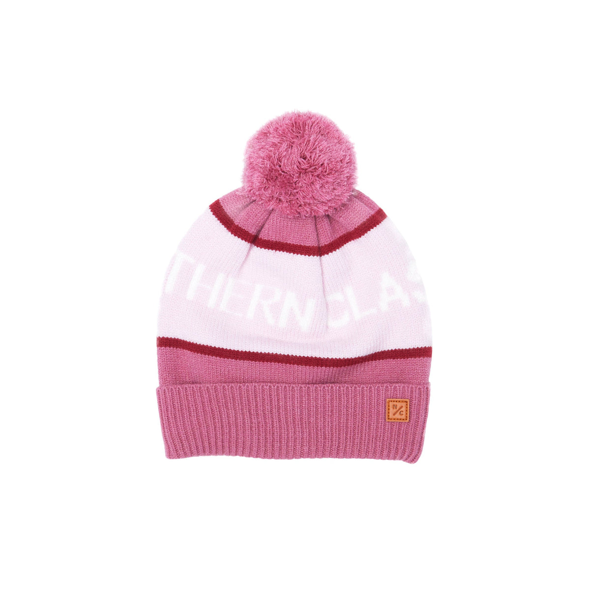 Front view of Northern Classics Knit Pom Hat in Rose Pink and Ballerina Pink with oversized pom on white background