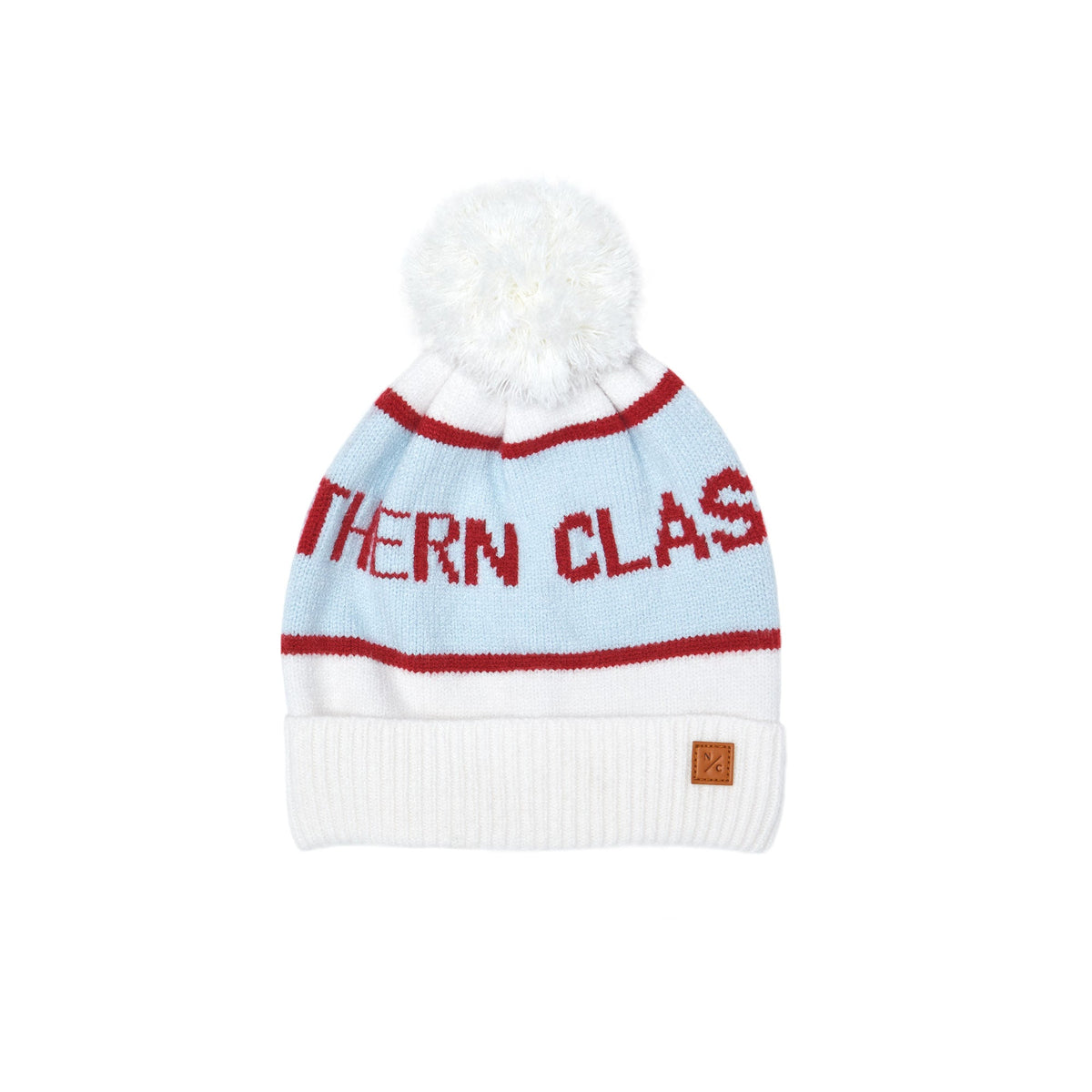 Front view of Northern Classics Knit Pom Hat in Winter White and Cloud Blue with oversized pom on white background