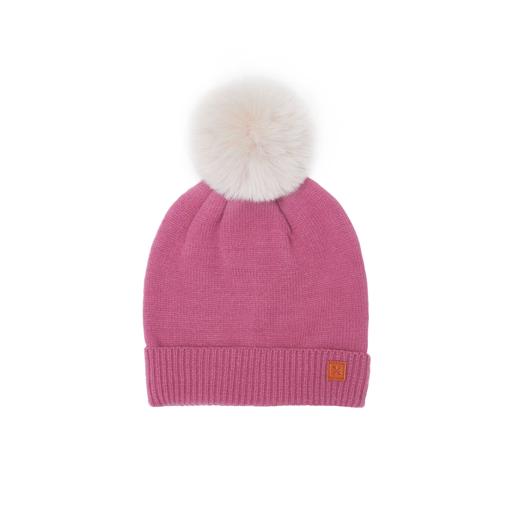 Rose Pink Knit Winter Hat with Faux Fur Pom