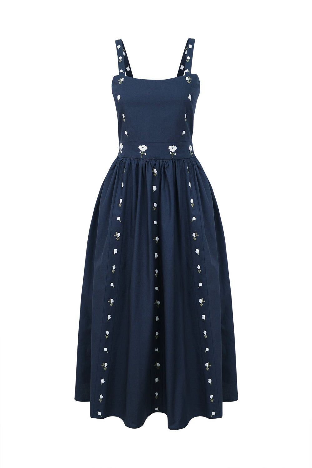 Front view of Hulya midi dress in indigo blue with square neckline, fitted bodice, white floral embroidery and gathered skirt