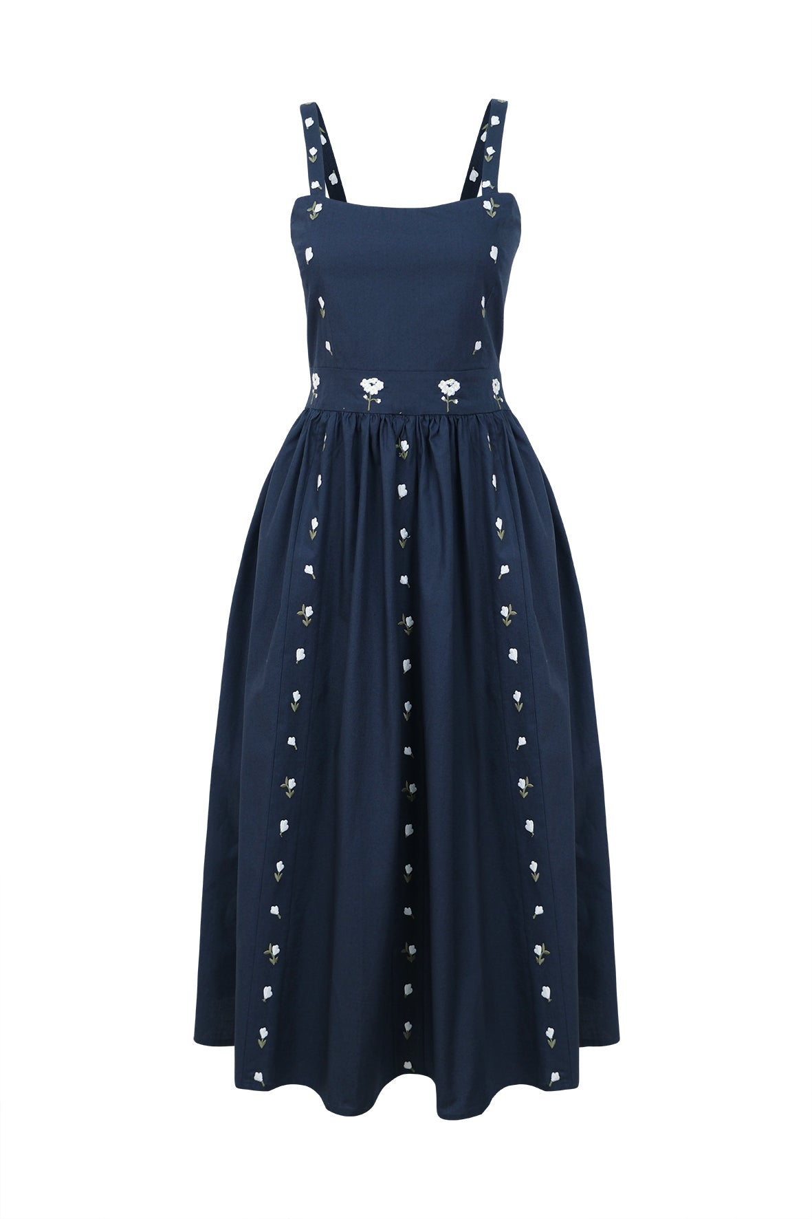 Front view of Hulya midi dress in indigo blue with square neckline, fitted bodice, white floral embroidery and gathered skirt