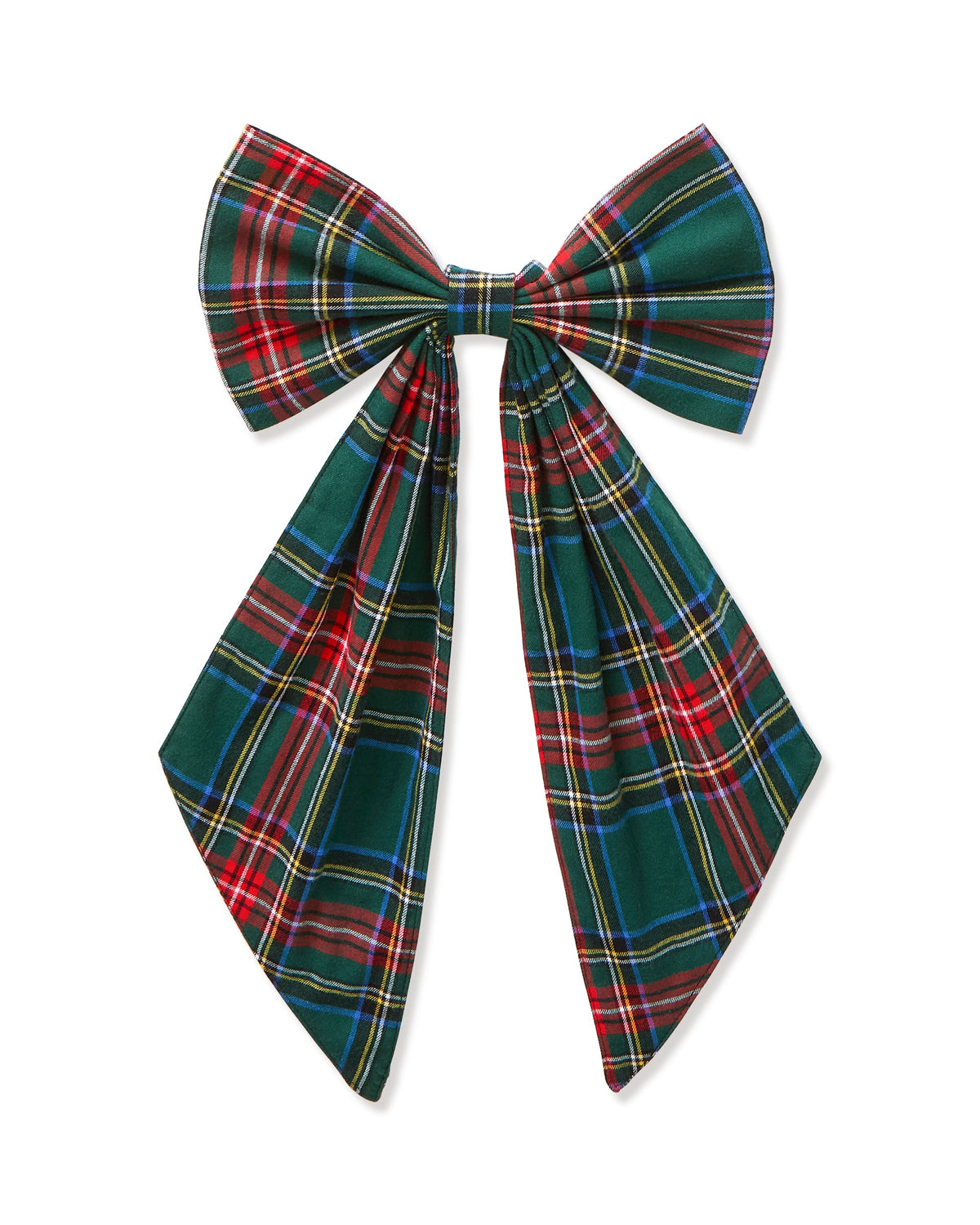 Front view of Wreath Bow in Kensington Tartan showcasing green, red, blue, and yellow tartan print with a white background