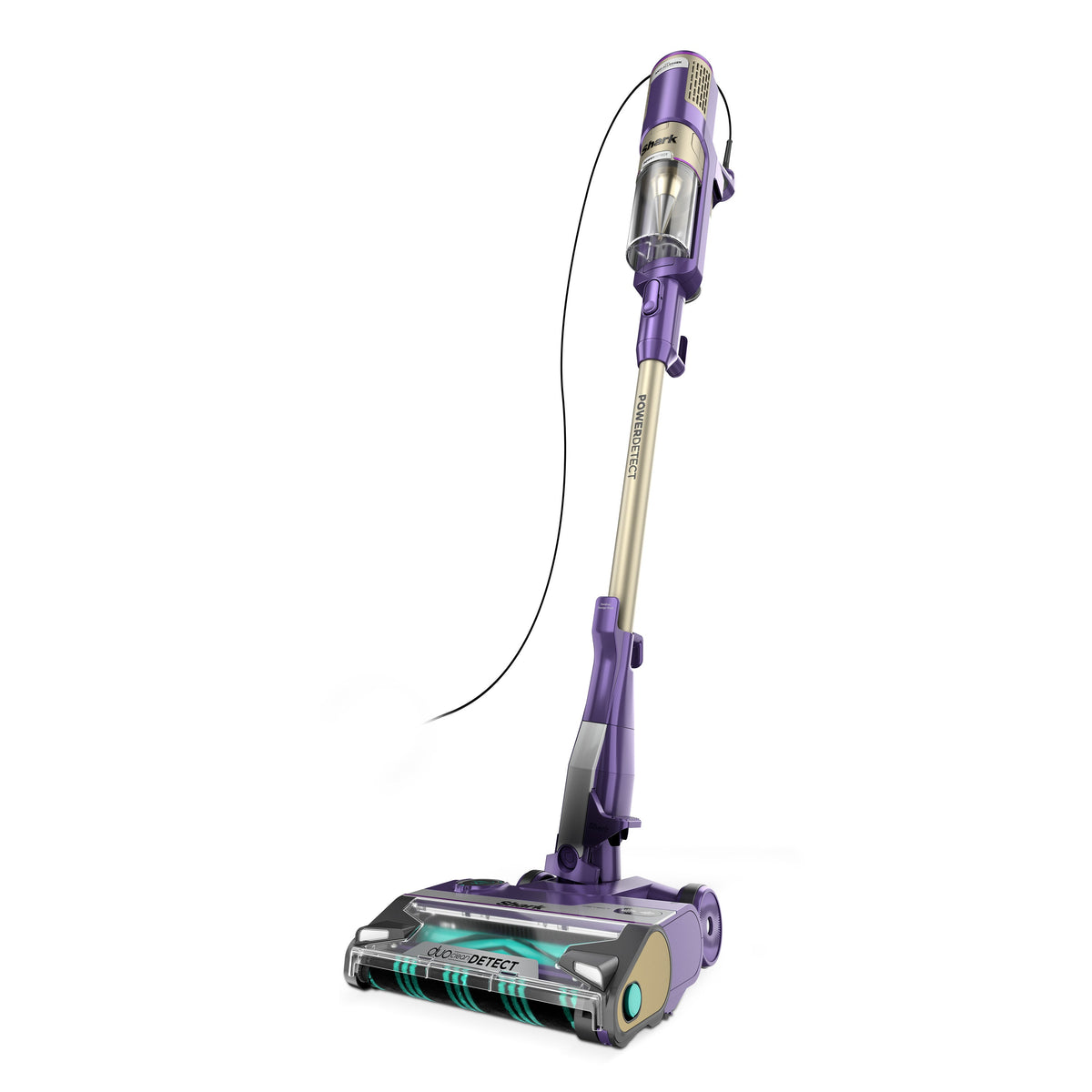 Front three-quarter view of POWERDETECT Ultra-Light Corded Stick Vacuum showcasing its DuoClean Detect two-brushroll head with a white background