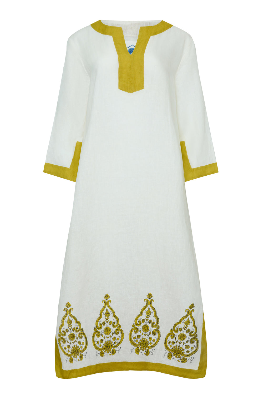 Front view of Hampton Kaftan in white linen with yellow-gold contrast trim and paisley-embroidered hem on white background