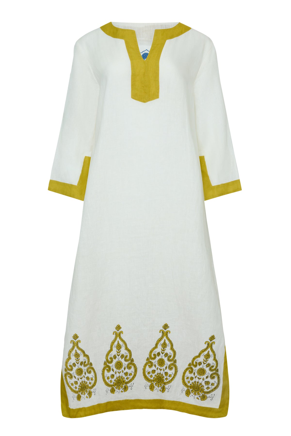 Front view of Hampton Kaftan in white linen with yellow-gold contrast trim and paisley-embroidered hem on white background